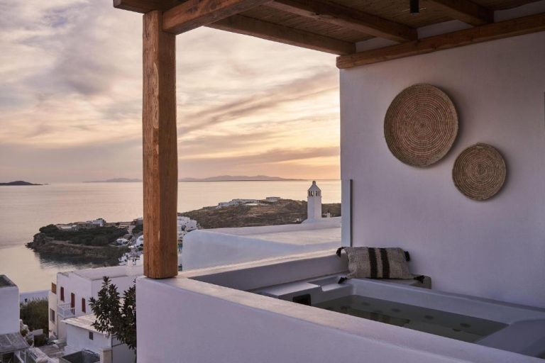 a view of the ocean from the balcony of a house at Amyth of Mykonos Agios Stefanos in Agios Stefanos 768x512